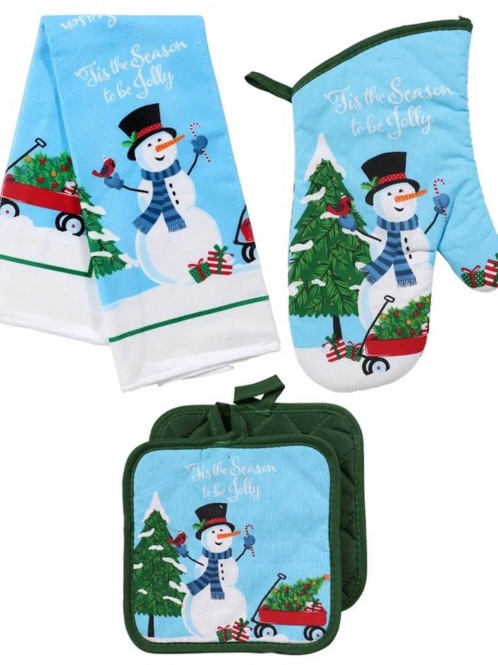 Holiday Snowman Kitchen Towel, Mitt & Pot Holder Set - Blue
